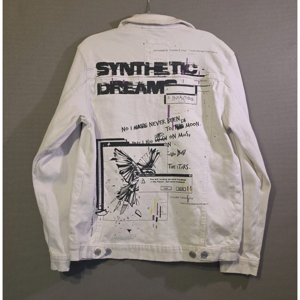 ZARA Medium Graffiti Distressed White DENIM Jean JACKET Pockets Cotton FUTURE